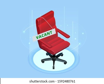 Open vacant job position. Isometric employment, vacancy and hiring job concept. Red chair vacant and business recruiting.