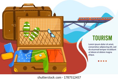 Open Vacation Suitcase Travel Concept Vector Illustration. Cartoon Flat Leather Luggage With Summer Slippers For Vacationer Traveler, Sunglasses, Camera Packing Clothes And Accessories In Suit Case