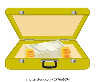 Open valise with money on white background is insulated