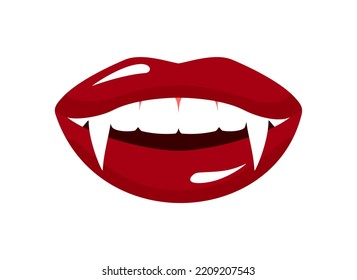 Abre la boca de vampiros con labios rojos y colmillos blancos aislados en un fondo blanco. Ilustración vectorial plana