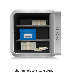Open vault full of cash on white background