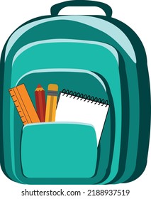 Open vector bag with school stationery and suplies. Back to school illustration