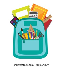 Open vector bag with school stationery and suplies. Back to school illustration
