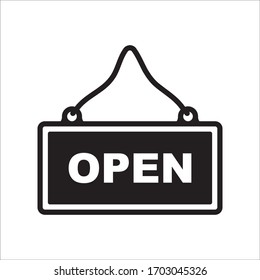 Icono de vector abierto. Diseño de letreros planos abiertos. Símbolo de cartón abierto pictograma. Ilustración del icono de la placa de nombre 