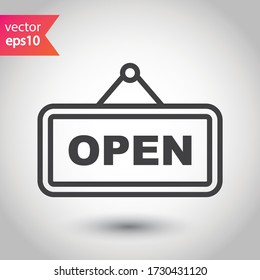 Icono de vector abierto. Abrir diseño de señas planas. Abrir el pictograma del símbolo de la placa de señalización. Ilustración del icono de la placa de nombre 