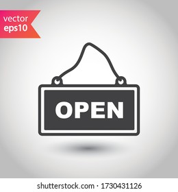 Open vector icon. Open flat sign design. Open signboard symbol pictogram. Illustration of nameplate icon 