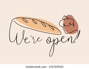 Open vector sign for bakery or cafe. Bread, cupcake and inscription "We're open" in trendy one line style and beige colors.