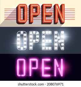 Open Vector Signs. Retro, vintage and neon open shop signs.