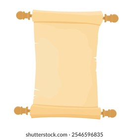 Open vertical parchment scroll isolated on white background. Old paper roll, papyrus. Vector illustration