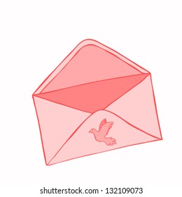 Open vintage air mail envelope icon with carrier pigeon drawn by hand in cartoon style. Vector illustration.