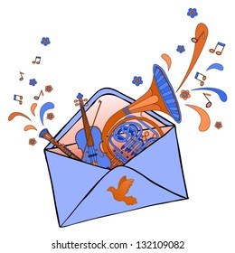  Open vintage air mail envelope icon with music drawn by hand in cartoon style. Vector illustration.