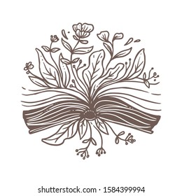 Open vintage book with growing flower bouquet, plants, foliage and leaves between pages.  Vector creative and unusual concept for bookstore, literature club or library. Sketch freehand illustration