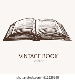 Open Vintage Book Hand Draw Sketch Card Retro Style Art. Vector illustration