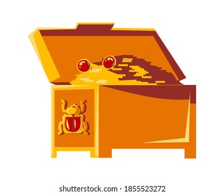 Open vintage chest with gold coins and the symbol of egyptian scarab beetle, pharaoh treasure cartoon vector illustration