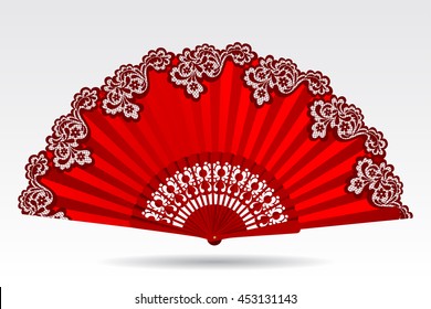 Open vintage folding red fan with a lace ornament isolated on white. Vector illustration