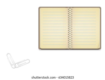Open vintage notebook with lined papers for writing text on white background, vector, eps 10