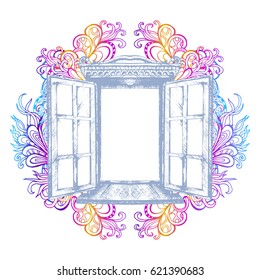 Open vintage window. Bright, colorful vector illustration, graphics, architecture, exterior. A sketch. Building element, window opening. Style. Vintage. Retro. Ancient carved ornaments. Art. Print. 