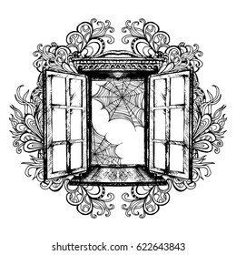 Open vintage window in the spiderweb, vector illustration, graphics, architecture, exterior. Sketch. Building element, window opening. Style. Retro. Ancient carved ornaments ornate. Print. Coloring.