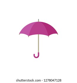 Open violet funny umbrella. Flat purple icon isolated on white. Flat design. Vector illustration. protection symbol. Rainy weather sign. Happiness, luck. Positive, creative thinking