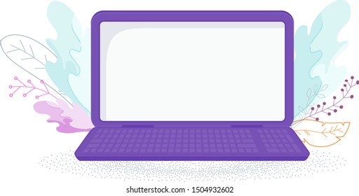 Open violet laptop with blank screen. Trendy plants in the background. Flat cartoon objects isolated on white background.