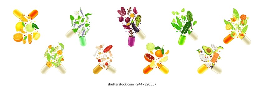 Cápsula abierta de la vitamina con la fruta y las verduras como suplementos Vector Set