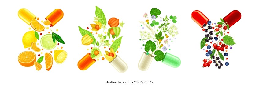 Cápsula abierta de la vitamina con la fruta y las verduras como suplementos Vector Set