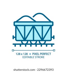 Open wagon pixel perfect blue RGB color icon. Rail gondola. Railcar transportation. Freight shipping. Train cargo. Isolated vector illustration. Simple filled line drawing. Editable stroke