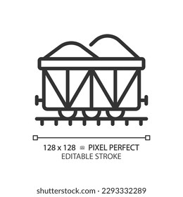 Offener Wagen Pixel perfekt lineares Symbol. Gondelbahn. Eisenbahnverkehr. Frachtbeförderung. Zugfracht. Dünne Illustration. Contour-Symbol. Vektorgrafik-Zeichnung. Bearbeitbarer Hub