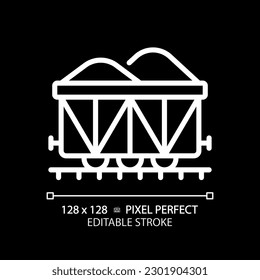 Open wagon pixel perfect white linear icon for dark theme. Rail gondola. Railcar transportation. Freight shipping. Train cargo. Thin line illustration. Isolated symbol for night mode. Editable stroke