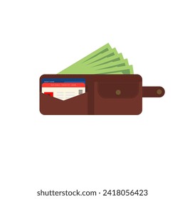 open wallet with banknotes, bank debit card and identity card flat design vector illustration. design for business, finance, banking, economics. Wallet with money dollar banknote