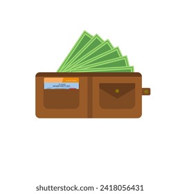 open wallet with banknotes, bank debit card and identity card flat design vector illustration. design for business, finance, banking, economics. Wallet with money dollar banknote