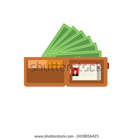 open wallet with banknotes, bank debit card and identity card flat design vector illustration. design for business, finance, banking, economics. Wallet with money dollar banknote