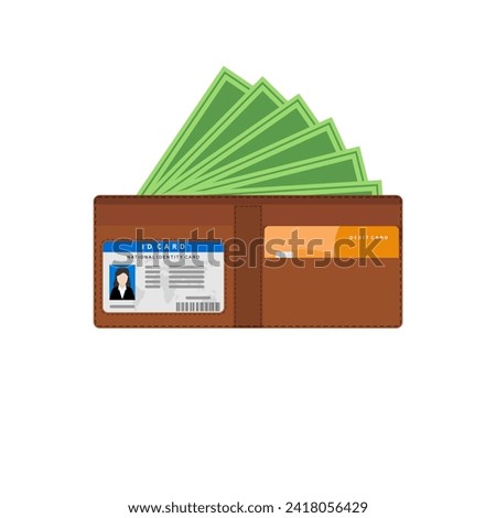 open wallet with banknotes, bank debit card and identity card flat design vector illustration. design for business, finance, banking, economics. Wallet with money dollar banknote