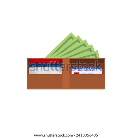 open wallet with banknotes, bank debit card and identity card flat design vector illustration. design for business, finance, banking, economics. Wallet with money dollar banknote
