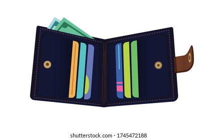 Open Wallet with cash and credit cards isolated on white background. Payment, balance concept. Vector illustration