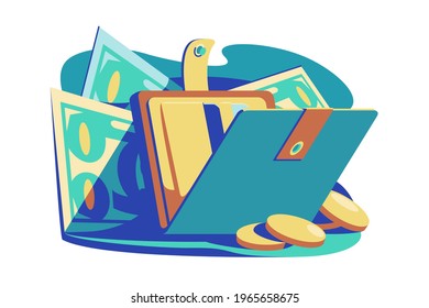 Open wallet with cash vector illustration. Purse with banknote and coins flat style. Financial stability, economy and save up for future concept. Isolated on white background
