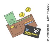 Open wallet with coins,cards and banknotes 