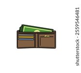 open wallet containing banknotes, coins vector illustration