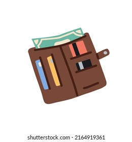 Open wallet with plastic bank and discount cards, paper banknote in pockets, slots. Money, cash, currency in purse. Flat vector illustration isolated on white background