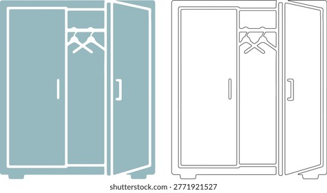Open wardrobe closet with hanging clothes and hangers