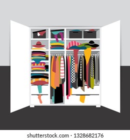 Open Wardrobe, Closet Overflowing With Clothes, Untidy, Mess. Vector Cartoon Illustration. 