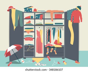 Open wardrobe. Closet with untidy clothes, shirts, sweaters, boxes and shoes. Home mess interior. Flat design vector illustration.