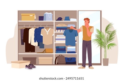 Open wardrobe with clothes, choose stylish outfit for day in closet. Young man holding hanger with tee shirt at cupboard to find and select garments, organize things cartoon