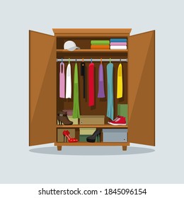 Open wardrobe with clothes. Closet with clothes, dresses, shirts, boxes and shoes. Natural wooden Furniture. Vector illustration