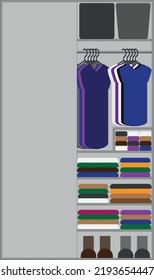 Open wardrobe with clothes. Gray sliding wardrobe and colored clothes.