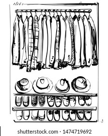 Open wardrobe with clothes, hats and foots on shelves and hangers