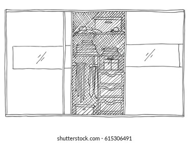 Open wardrobe with clothes on shelves and hangers. Vector illustration of a sketch style.
