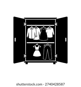 Open wardrobe filled with assorted clothing items in a stark black silhouette
