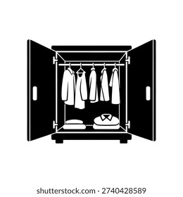 An open wardrobe filled with clothing items depicted in stark black silhouette
