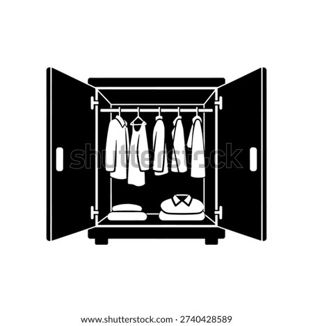 An open wardrobe filled with clothing items depicted in stark black silhouette